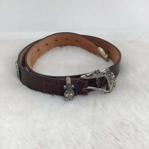 Brighton Accessories - Vintage Brighton 42209 Brown leather Croc Embossed Belt Silver Buckle Size Small